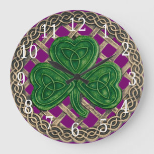 Purple Shamrock And Celtic Knots Round Clock Große Wanduhr