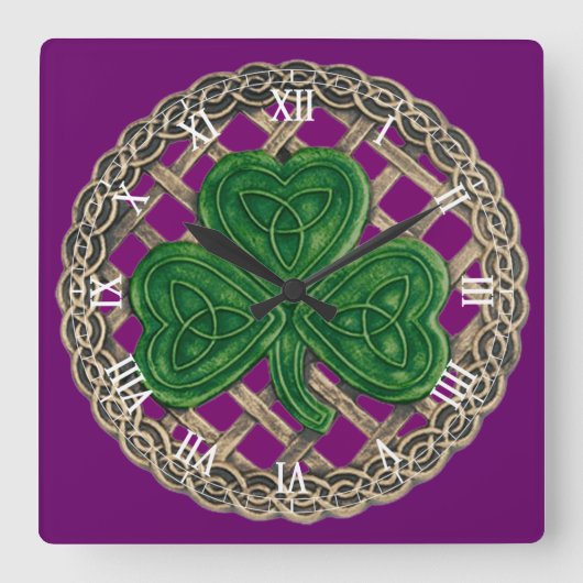 Purple Shamrock & Celtic Knots Roman Numeral Clock Quadratische Wanduhr (Vorderseite)