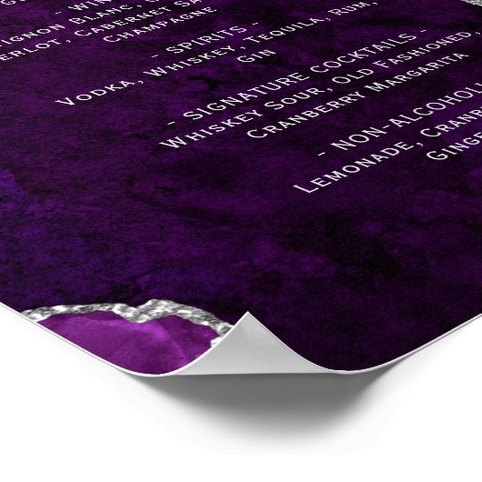Purple Silver Agate Script Wedding Bar Menu  Poster (Ecke)