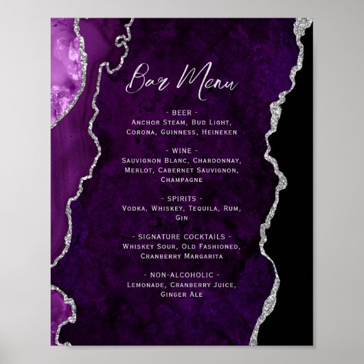 Purple Silver Agate Script Wedding Bar Menu  Poster (Vorne)