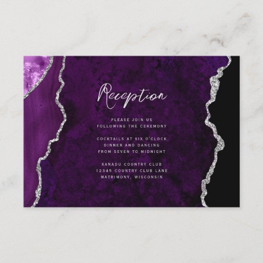 Purple Silver Agate Script Wedding Reception Begleitkarte (Vorderseite)