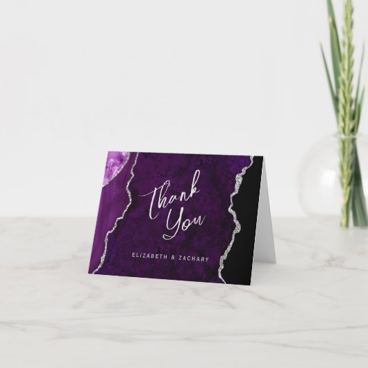 Purple Silver Agate Script Wedding Thank You Karte (Vorderseite)