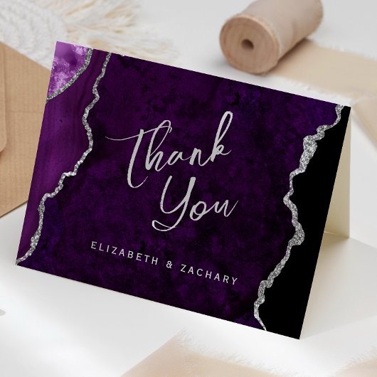 Purple Silver Agate Script Wedding Thank You Karte
