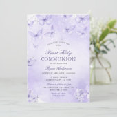 Purple Silver Butterfly First Holy Communion  Einladung (Stehend Vorderseite)