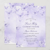 Purple Silver Butterfly First Holy Communion  Einladung (Vorne/Hinten)