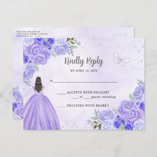Purple Silver Floral Princess Quinceañera RSVP Postkarte (Vorne/Hinten)