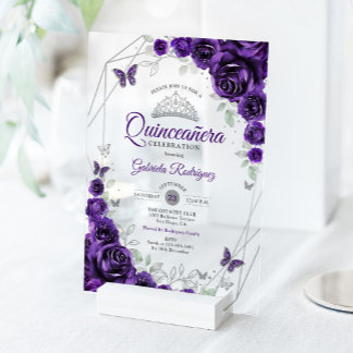 Purple Silver Floral Quinceanera Acryleinladungen