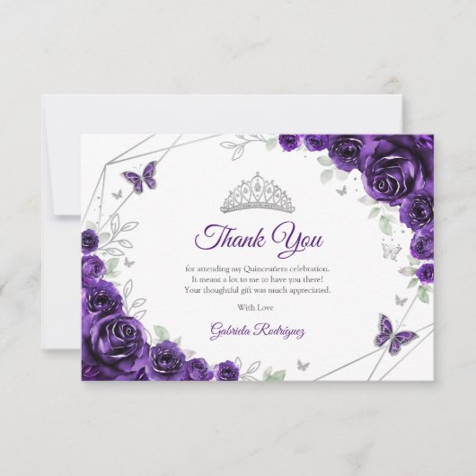 Purple Silver Floral Quinceanera Dankeskarte (Vorderseite)