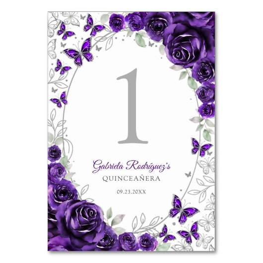 Purple Silver Floral Quinceanera Tischnummer (Vorderseite)