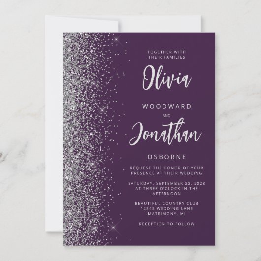 Purple Silver Glitter Calligraphy QR Code Wedding Einladung (Vorderseite)