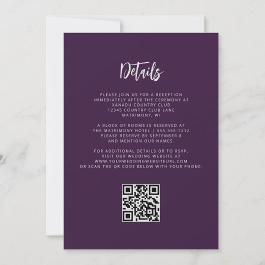 Purple Silver Glitter Calligraphy QR Code Wedding Einladung (Rückseite)