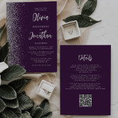 Purple Silver Glitter Calligraphy QR Code Wedding Einladung