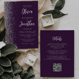 Purple Silver Glitter Calligraphy QR Code Wedding Einladung