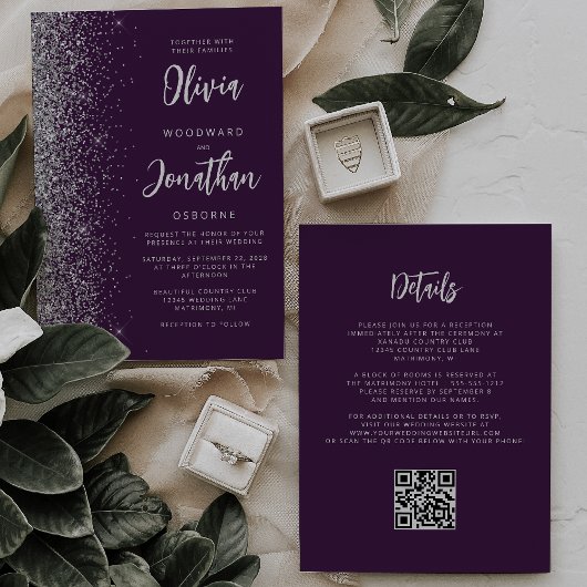 Purple Silver Glitter Calligraphy QR Code Wedding Einladung