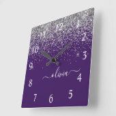 Purple Silver Glitter Girly Glam Monogram  Quadratische Wanduhr (Winkel)
