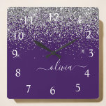 Purple Silver Glitter Girly Glam Monogram  Quadratische Wanduhr<br><div class="desc">Silver and Purple Sparkle Glitter Script Monogram Name Clock. This makes the perfect sweet 16 birthday,  wedding,  bridal shower,  anniversary,  baby shower or bachelorette party gift for someone that loves glam luxury and chic styles.</div>