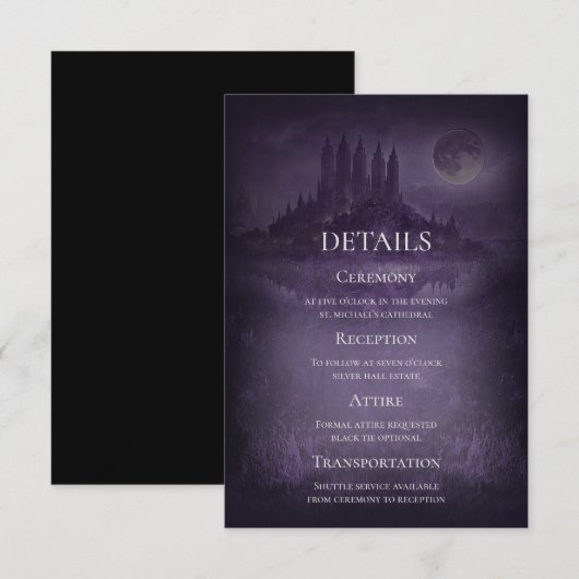 Purple Silver Gothic Romance Wedding Details Card Einladung (Vorne/Hinten)