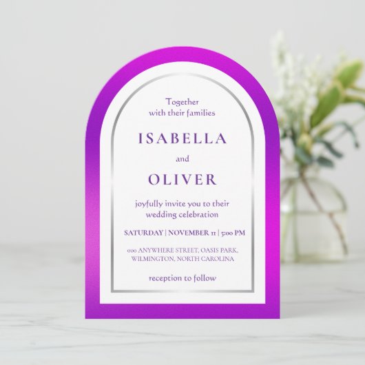 Purple silver gradient frame wedding einladung (Stehend Vorderseite)