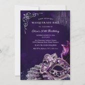 Purple Silver Masquerade Elegant Birthday Party Einladung (Vorderseite)