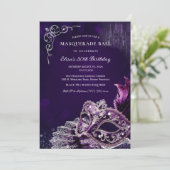 Purple Silver Masquerade Elegant Birthday Party Einladung (Stehend Vorderseite)