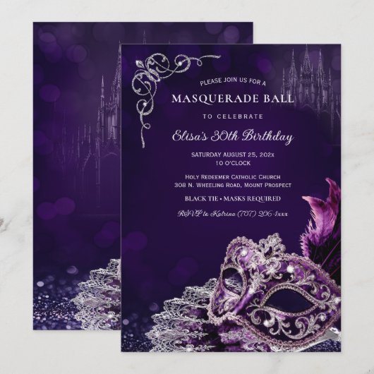 Purple Silver Masquerade Elegant Birthday Party Einladung (Vorne/Hinten)