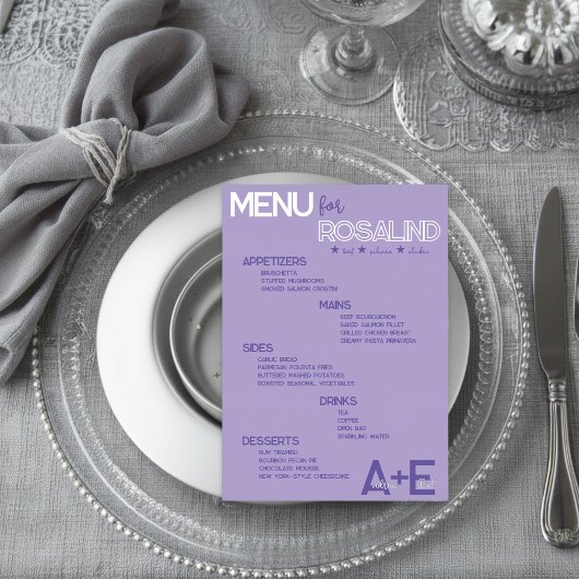 Purple & Silver Wedding Menu Card with Guest Names Folieneinladung