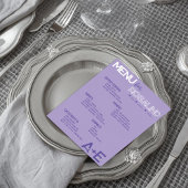 Purple & Silver Wedding Menu Card with Guest Names Folieneinladung