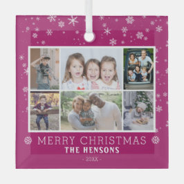Purple Snowflake Christmas Family 6 Photo Collage Ornament Aus Glas