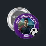 Purple Soccer Player Photo High School Spirit Button<br><div class="desc">This cool customized high school soccer player photo gift features white typography of your team and player name on a purple button with a soccer ball. Personalize with your student's photograph and class year as a proud futbol parent. A mom and dad can wear these buttons to sports games.</div>