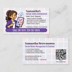 Purple Social Media Manager QR Cartoon Mädchen Visitenkarte