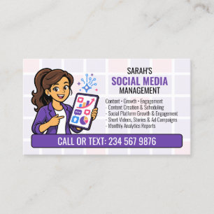 Purple Social Media Manager QR Cartoon Visitenkarte