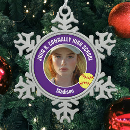 Purple Softball Player Photo High School Keepsake Schneeflocken Zinn-Ornament