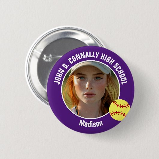 Purple Softball Player Photo High School Spirit Button (Vorne & Hinten)