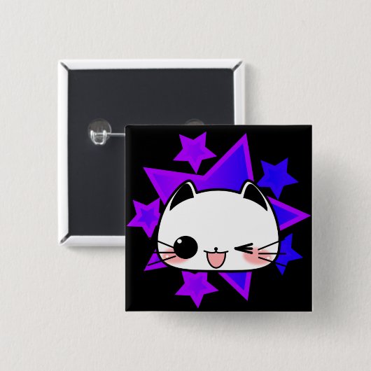 Purple stars. White cat. Button (Vorne & Hinten)