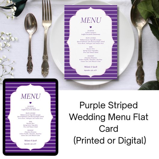 Purple Striped Wedding Menu Flat Card Einladung