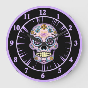 Purple Sugar Skull Große Wanduhr