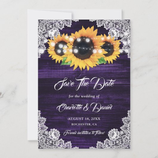 Purple Sunflower String Lights Floral Lace Wood Save The Date (Vorderseite)