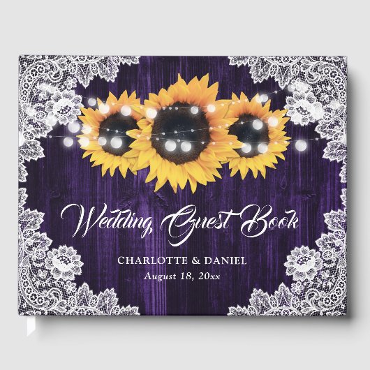 Purple Sunflower Wood Floral Lace Wedding Gästebuch (Vorderseite)