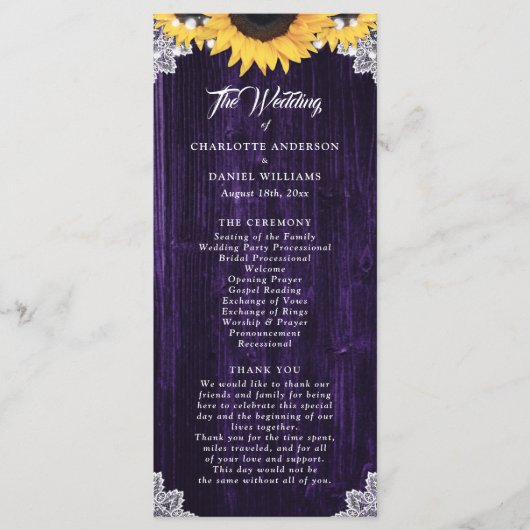 Purple Sunflower Wood Floral Lace Wedding Program Programm (Vorderseite)