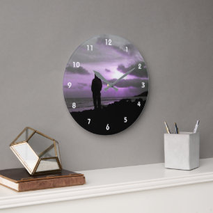 Purple Sunset & Silhouette Große Wanduhr