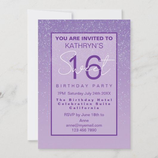 Purple Sweet 16 Birthday Party  Einladung (Vorderseite)