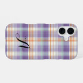 Purple Tartan Plaid Monogram Design iPhone 16 Hülle (Rückseite (Horizontal))
