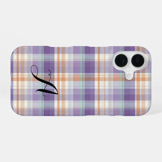 Purple Tartan Plaid Monogram Design iPhone 16 Hülle (Rückseite (Horizontal))