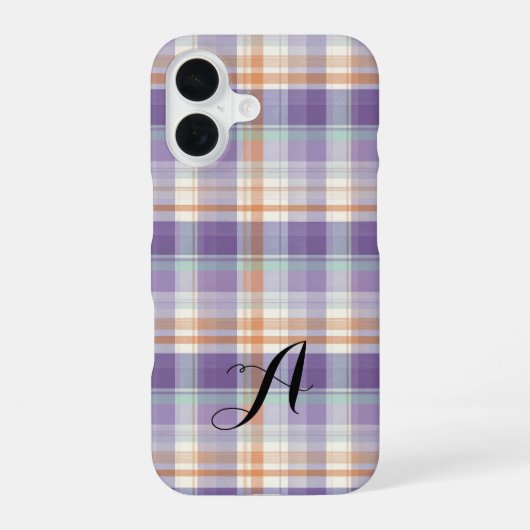 Purple Tartan Plaid Monogram Design iPhone 16 Hülle (Rückseite)