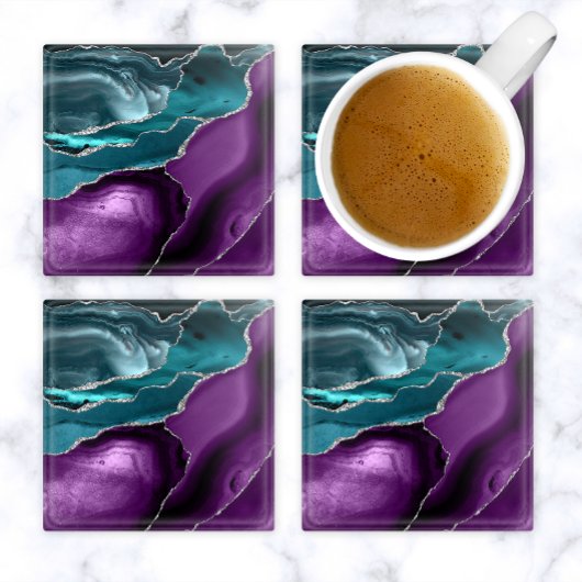 Purple Teal Blue Agate Silver Glitter Glasuntersetzer