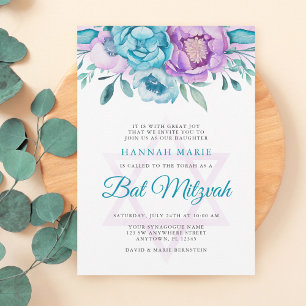 Purple Teal Watercolor Floral Bat Mitzvah Einladung