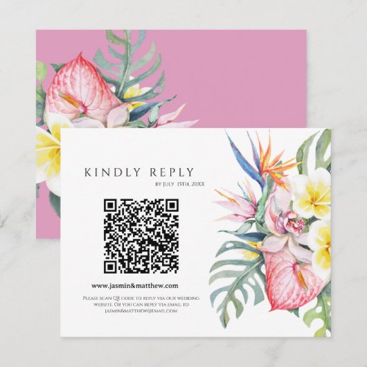 Purple Tropical Floral Hawaii QR Code Wedding RSVP Karte (Vorne/Hinten)