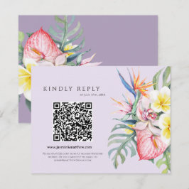 Purple Tropical Floral Hawaii QR Code Wedding RSVP Karte