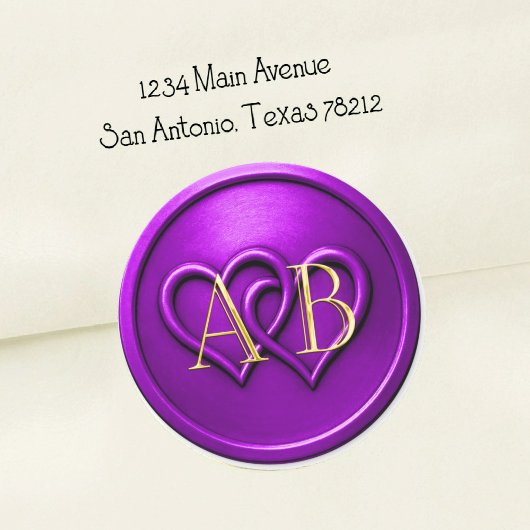 Purple Two Hearts Intertwined Monogram Wedding Runder Aufkleber