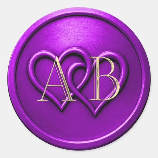Purple Two Hearts Intertwined Monogram Wedding Runder Aufkleber (Vorderseite)